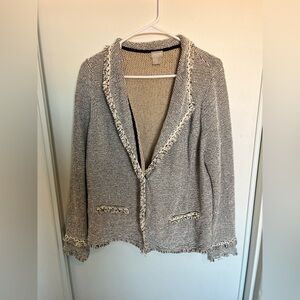 Woman CHICO’S Black‎ White Tweed Fray Edge One Button Jacket Sz 2 Large EUC